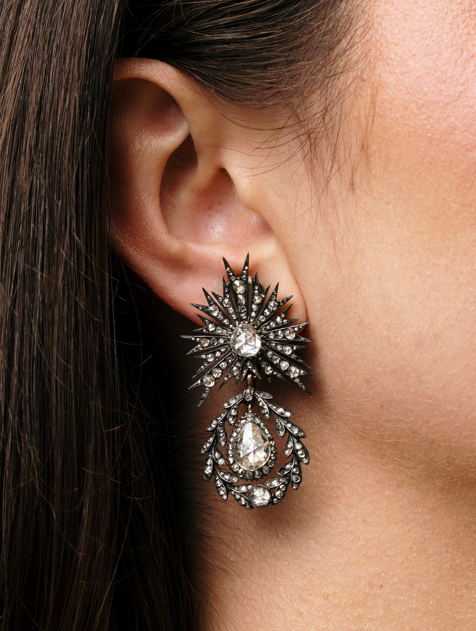 Important Late Georgian-Early Victorian Starburst Diamond Drop Earrings