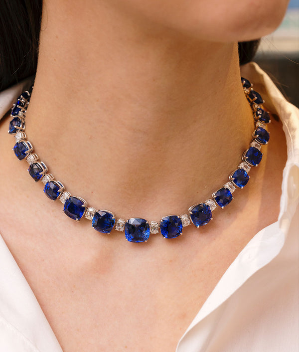 Cushion cut Sapphire & Diamond RiviÈre Necklace