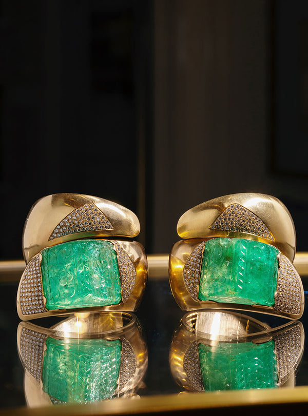 Pair of Vintage Carved 400 Carat Emerald & Diamond Gold Cuffs