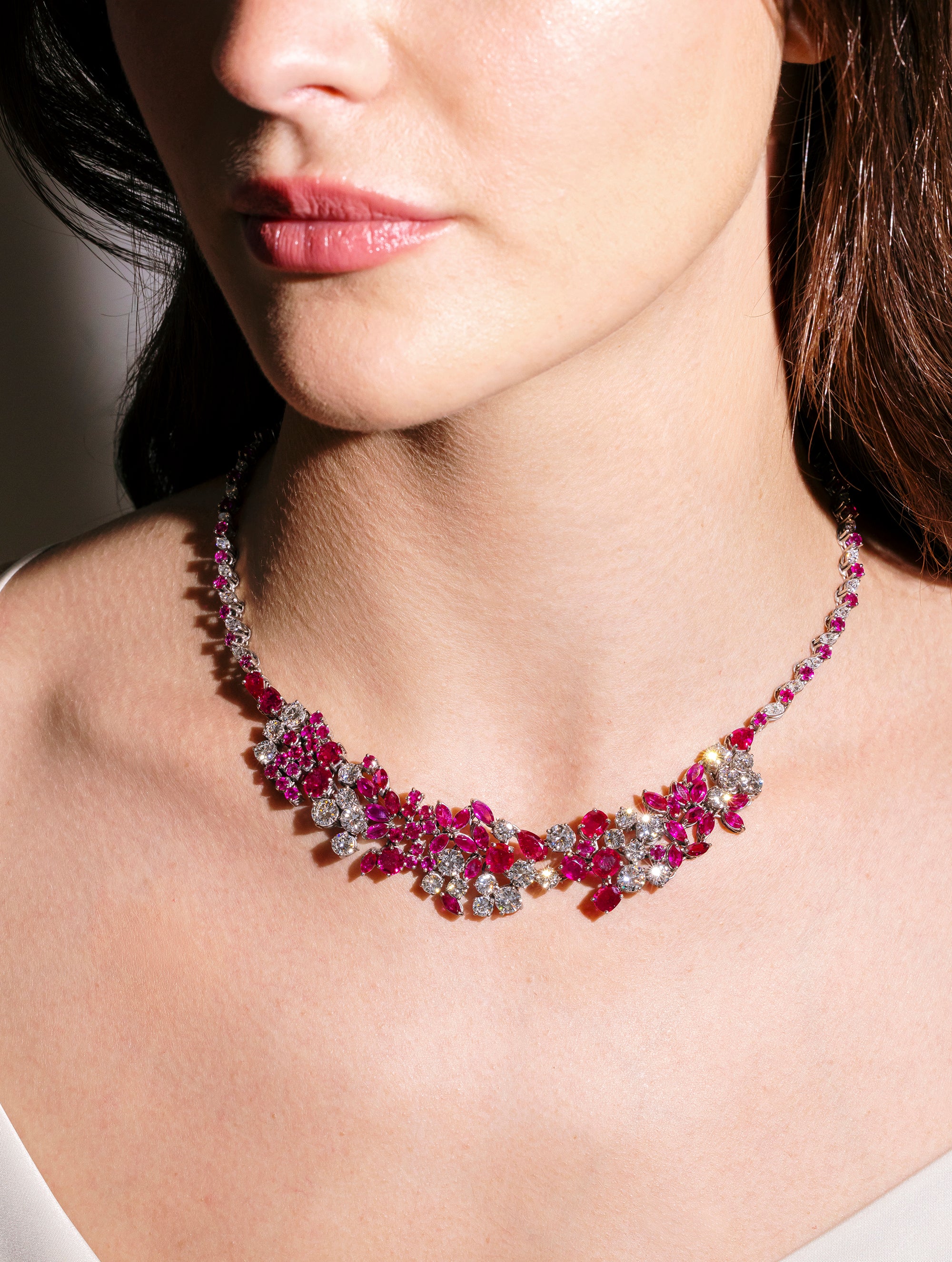 Ruby, Pink Sapphire, & Diamond Bib Necklace, Circa 1970s
