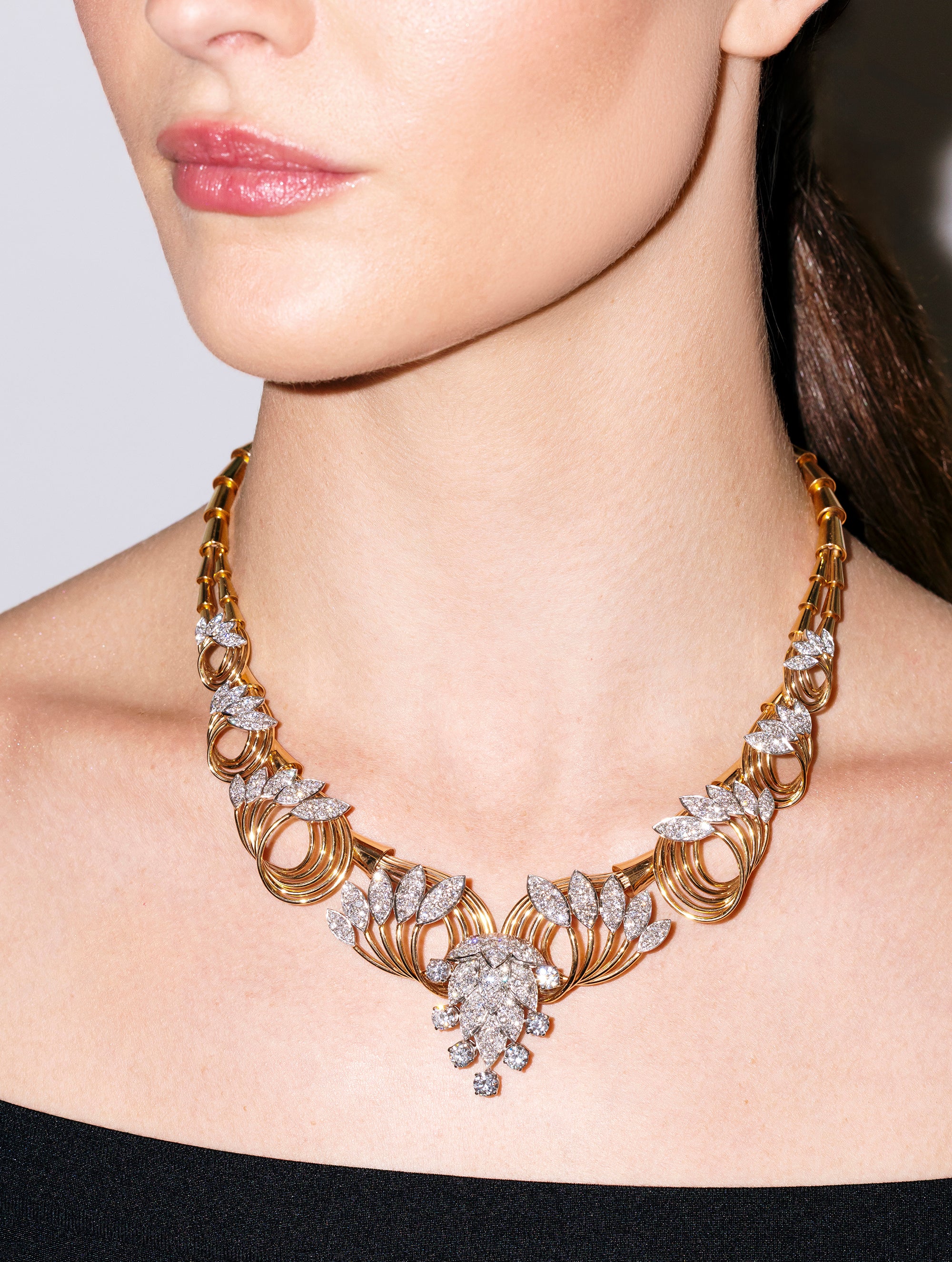 Retro Diamond Foliate Necklace, Circa 1940s