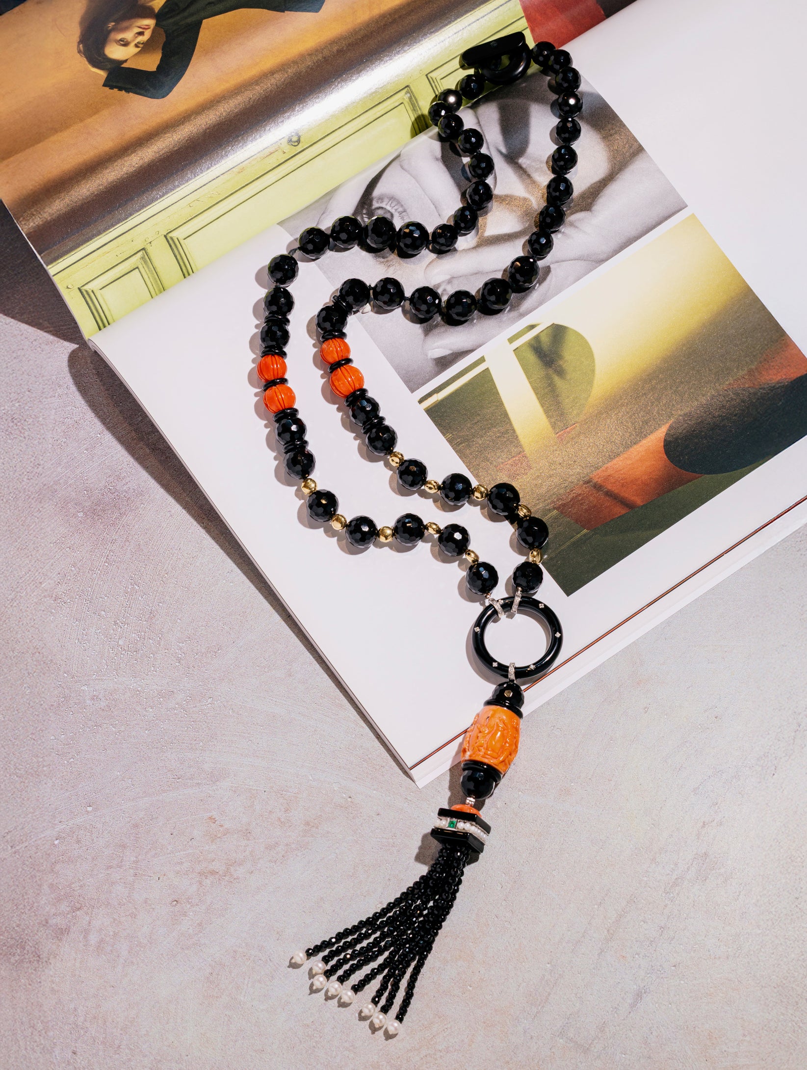 Vintage Onyx, Carved Coral, Emerald, Diamond & Pearl Sautoir