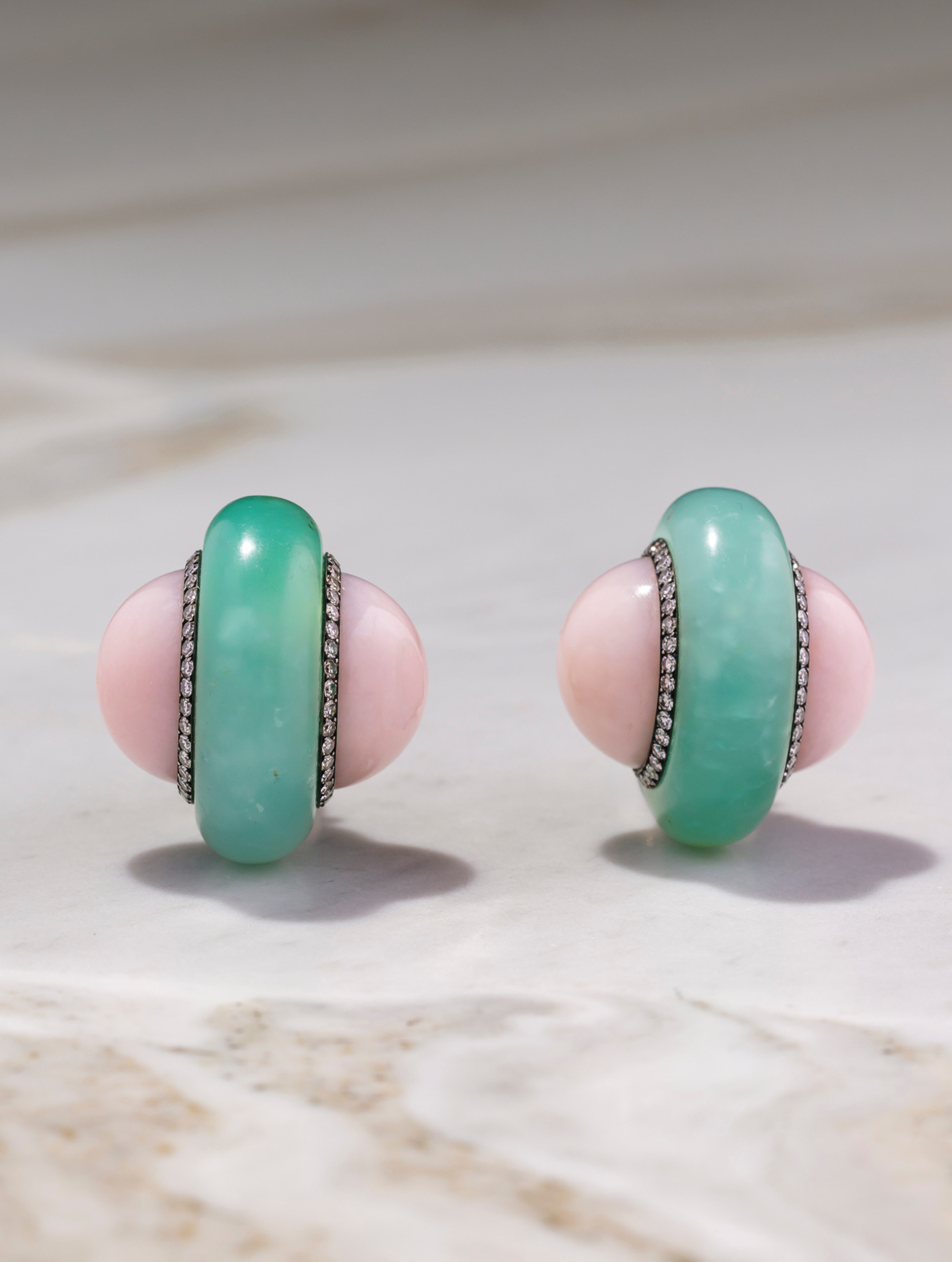 Jar Chrysoprase, Pink Opal & Diamond Earrings