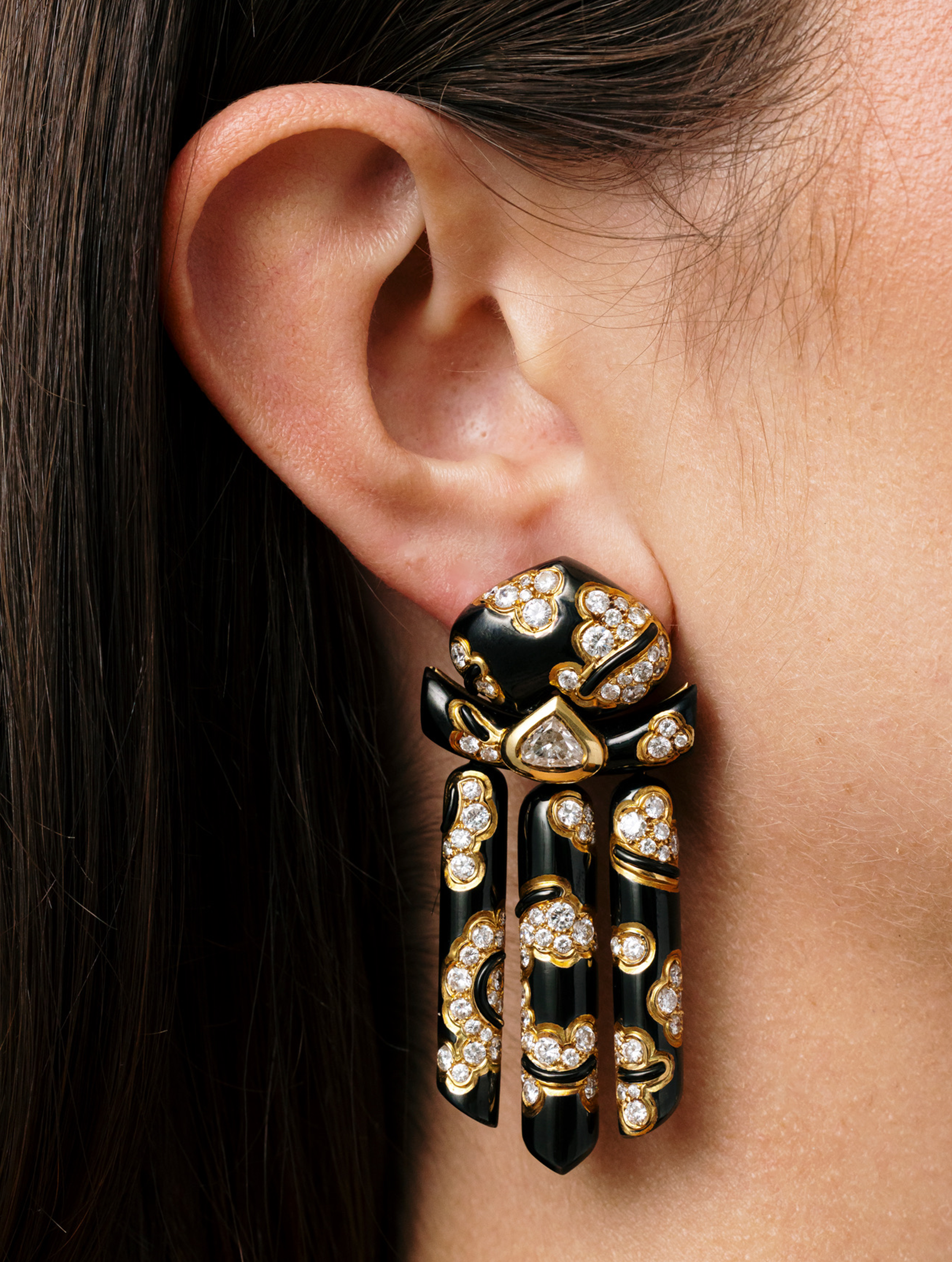 Marina B. Diamond & Blackened Gold Chandelier Earrings, Circa 1986
