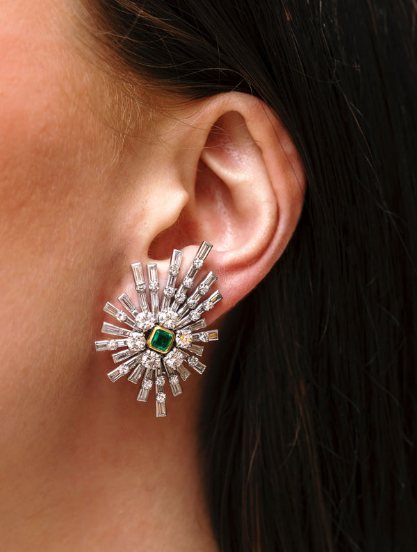 Mid-century emerald & diamond starburst earrings