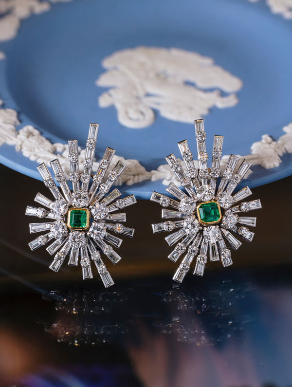 Mid-century emerald & diamond starburst earrings