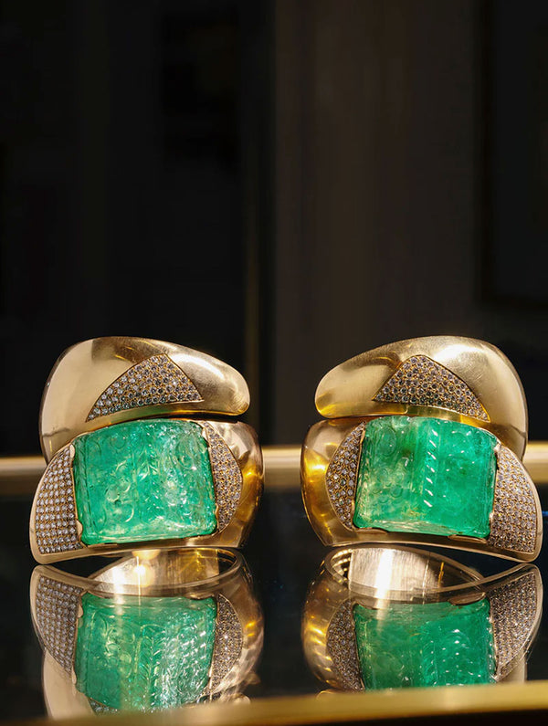 Pair of Vintage Carved 400 Carat Emerald & Diamond Gold Cuffs