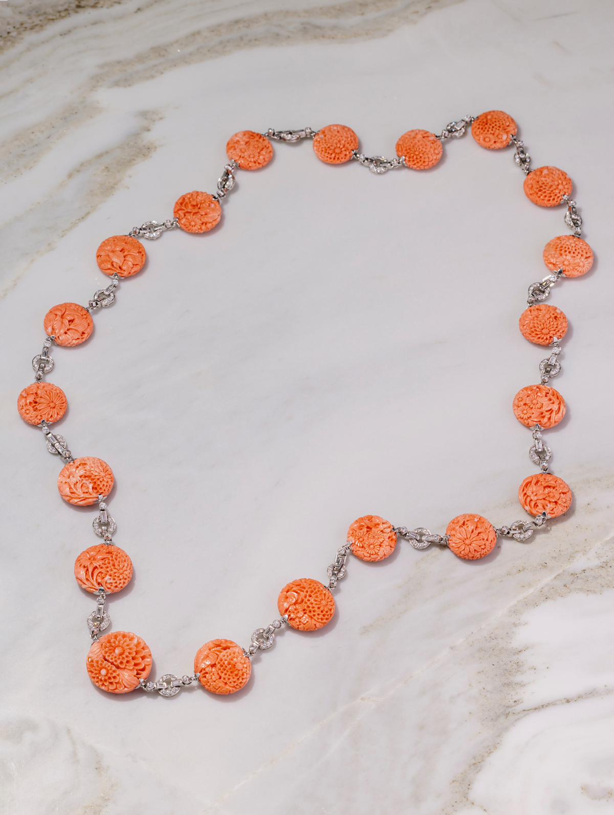 Art Deco Carved Coral & Diamond Transformable Necklace/Bracelet Sauitoir