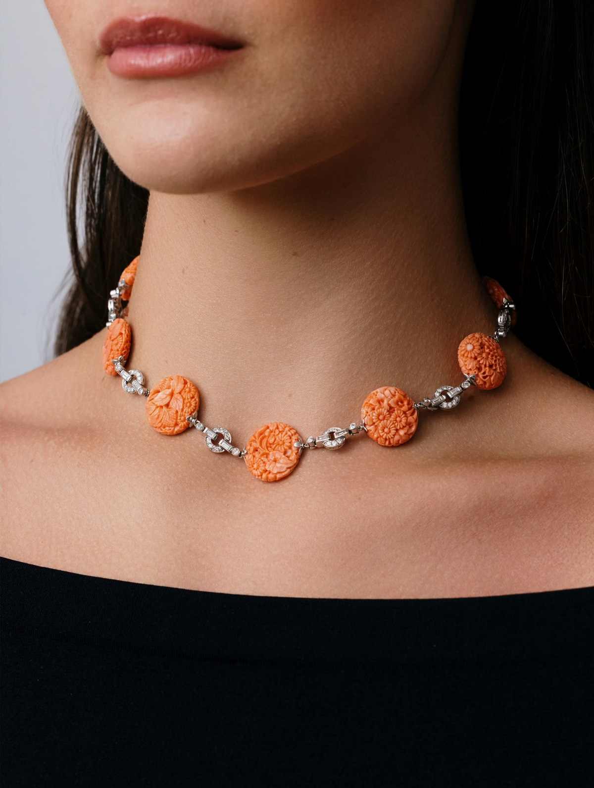 Art Deco Carved Coral & Diamond Transformable Necklace/Bracelet Sauitoir