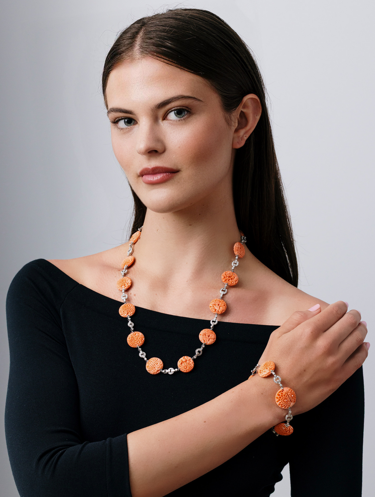 Art Deco Carved Coral & Diamond Transformable Necklace/Bracelet Sauitoir
