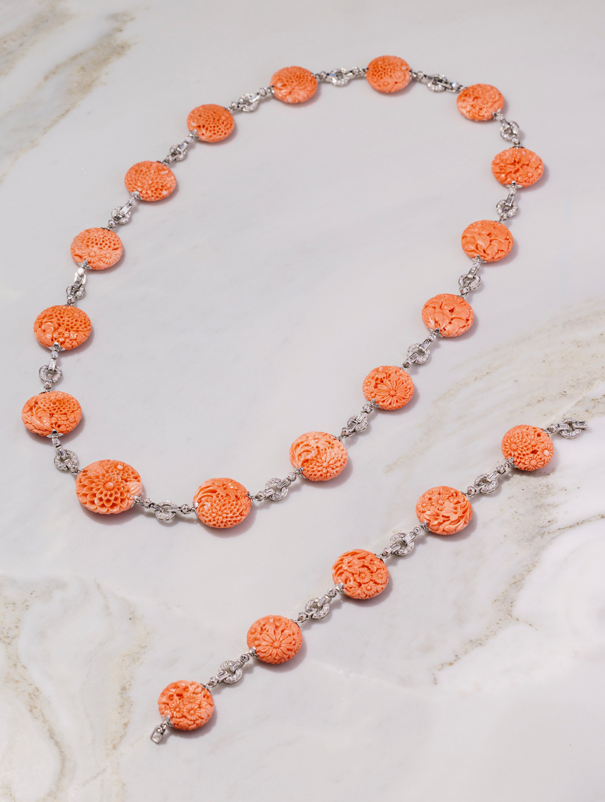 Art Deco Carved Coral & Diamond Transformable Necklace/Bracelet Sauitoir