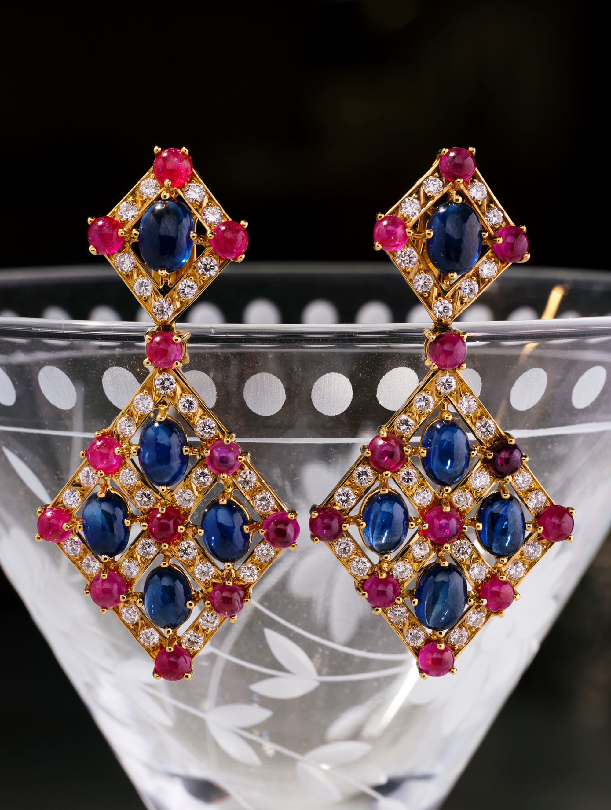 Vintage Ruby, Sapphire & Diamond Chandelier Earrings