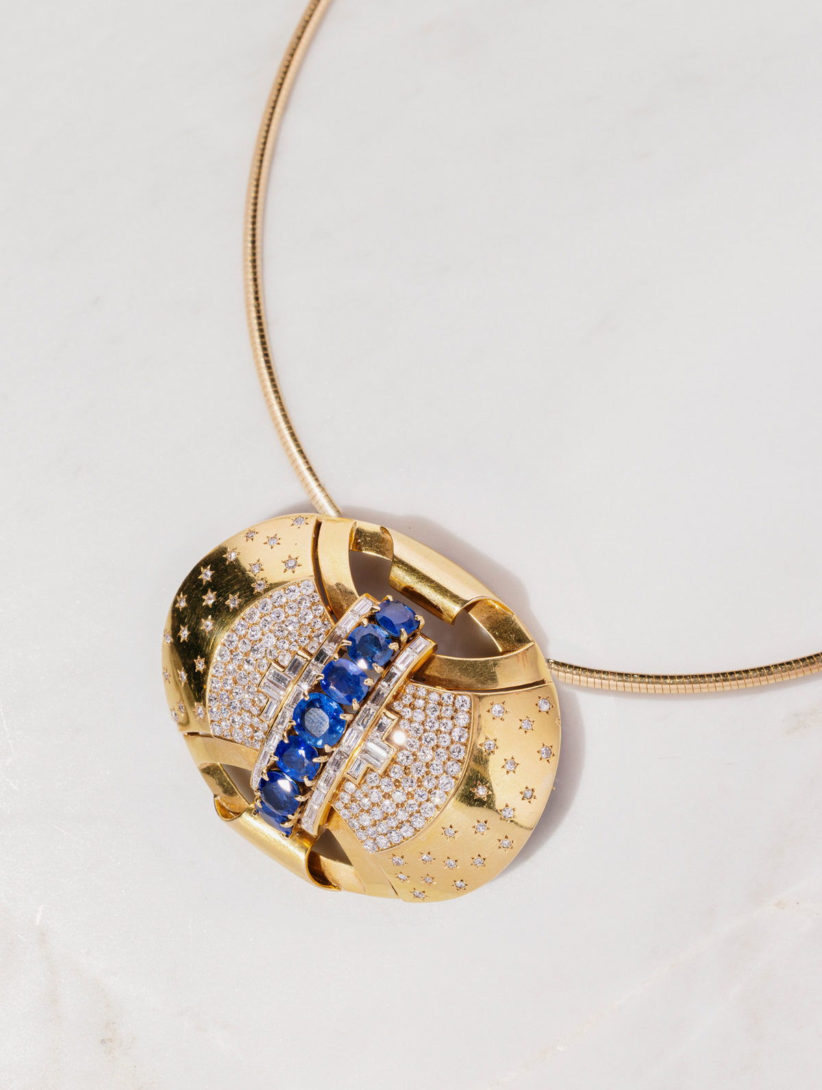Retro Sapphire and Diamond Shield Brooch/Pendant