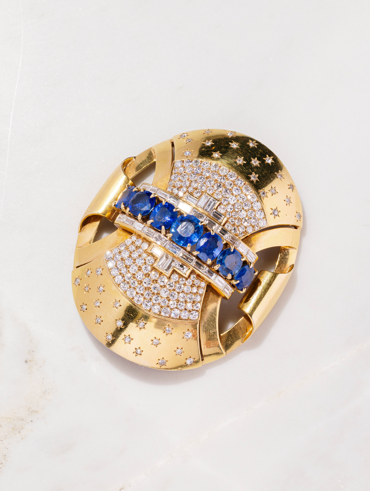Retro Sapphire and Diamond Shield Brooch/Pendant