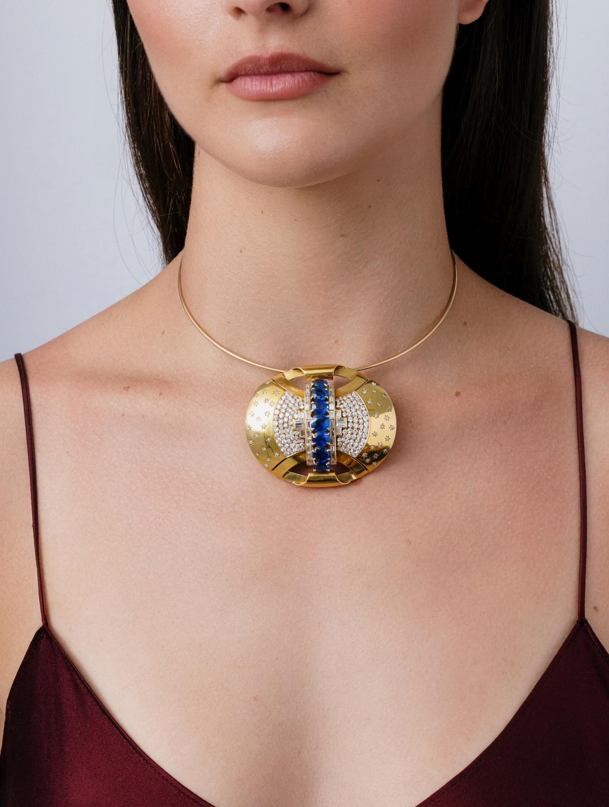 Retro Sapphire and Diamond Shield Brooch/Pendant