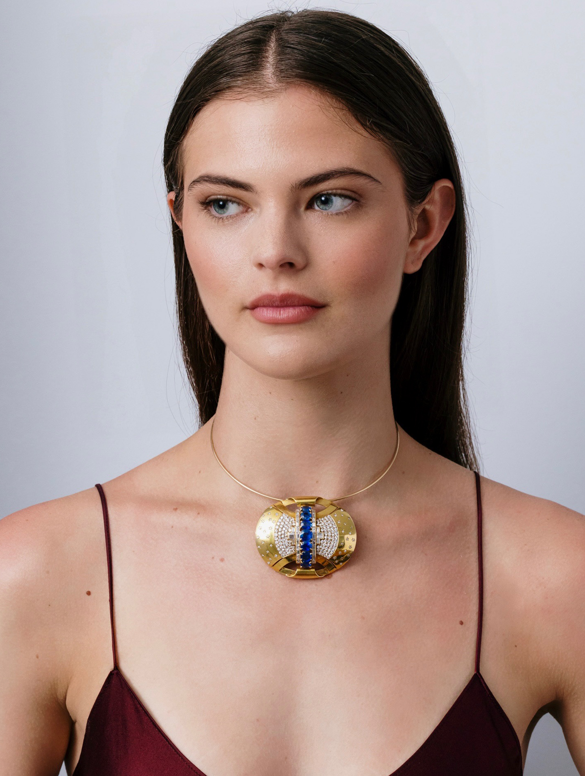 Retro Sapphire and Diamond Shield Brooch/Pendant