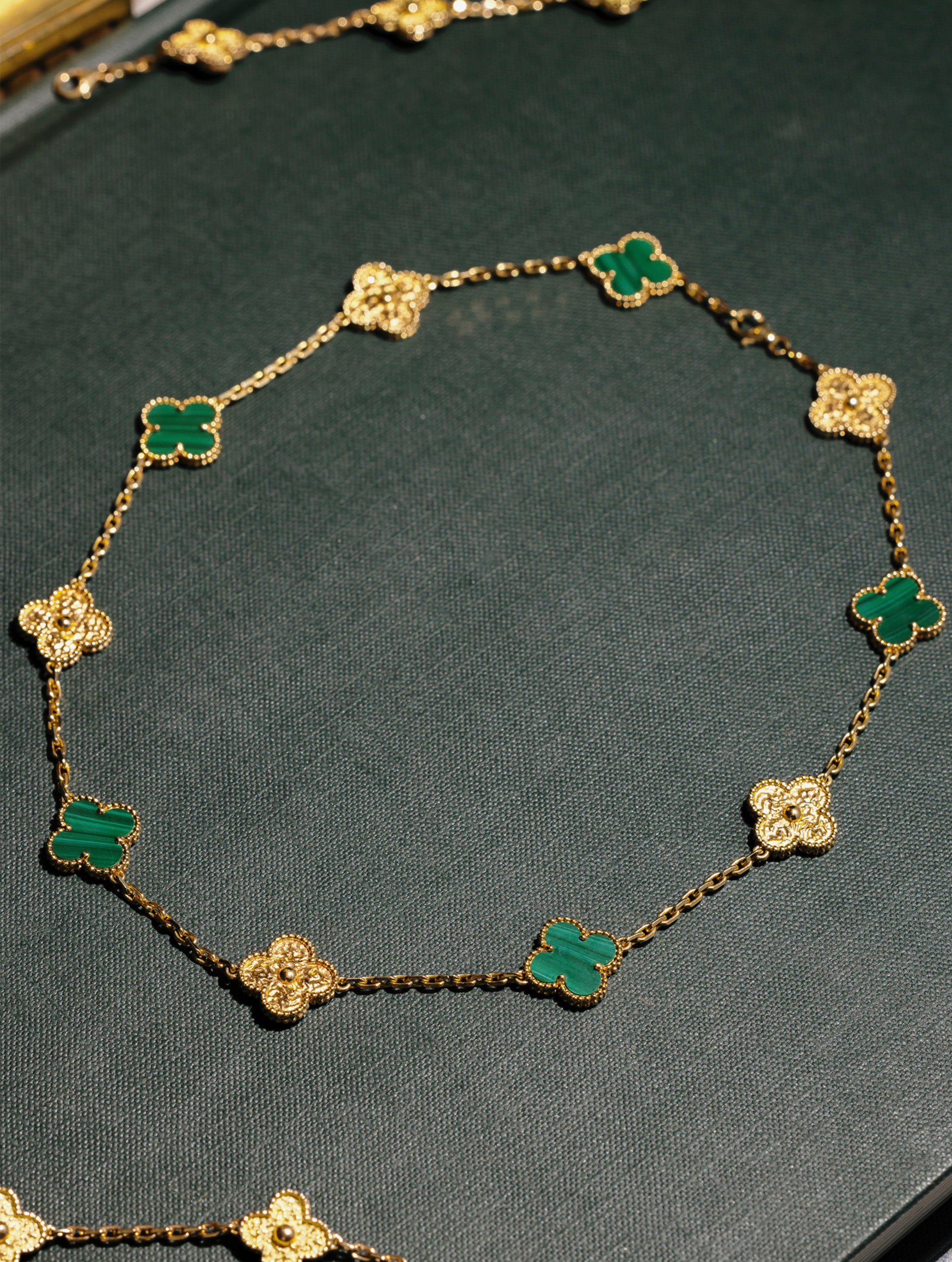 Vintage Van Cleef & Arpels 10 Motif Alhambra Malachite & Gold Necklace