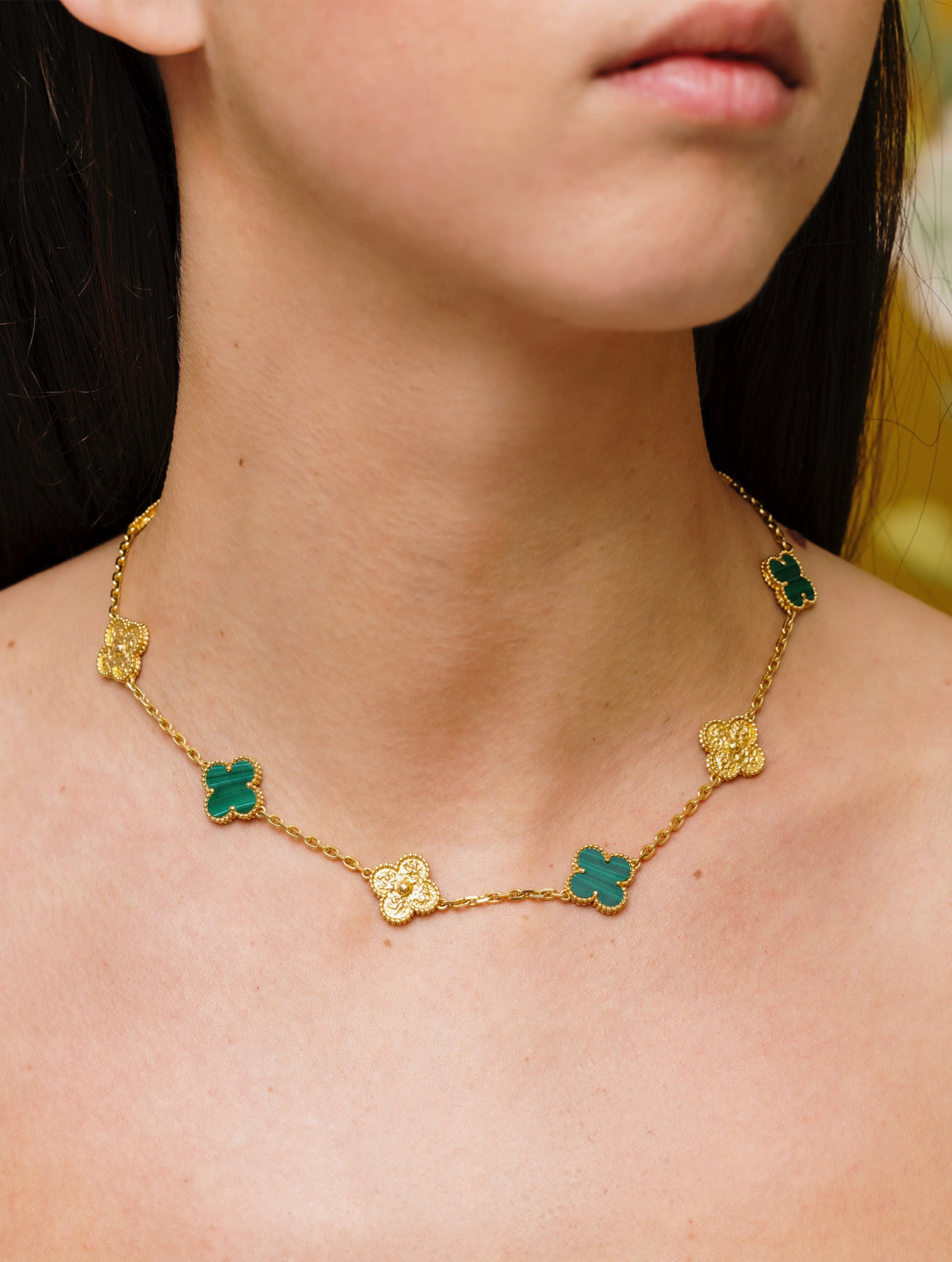 Vintage Van Cleef & Arpels 10 Motif Alhambra Malachite & Gold Necklace