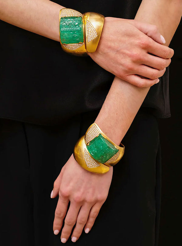 Pair of Vintage Carved 400 Carat Emerald & Diamond Gold Cuffs