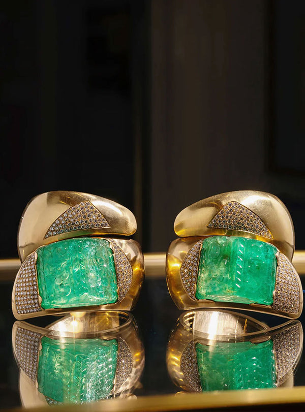 Pair of Vintage Carved 400 Carat Emerald & Diamond Gold Cuffs