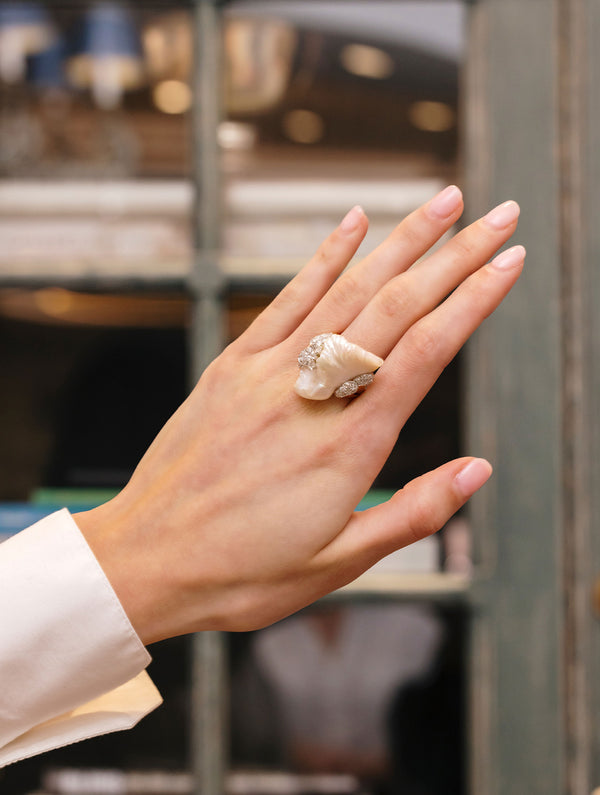 Wave Pearl & Diamond Ring