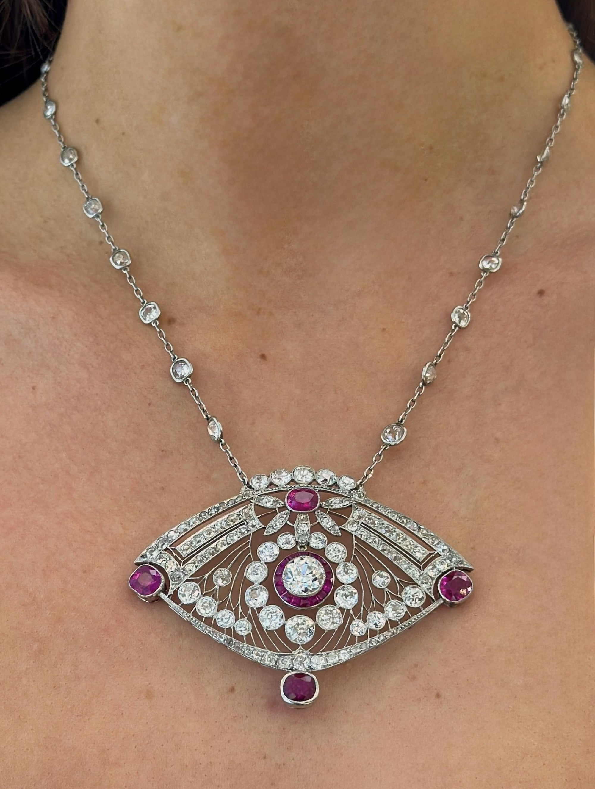Art Deco Openwork Ruby & Diamond Pendant Necklace, Circa 1920