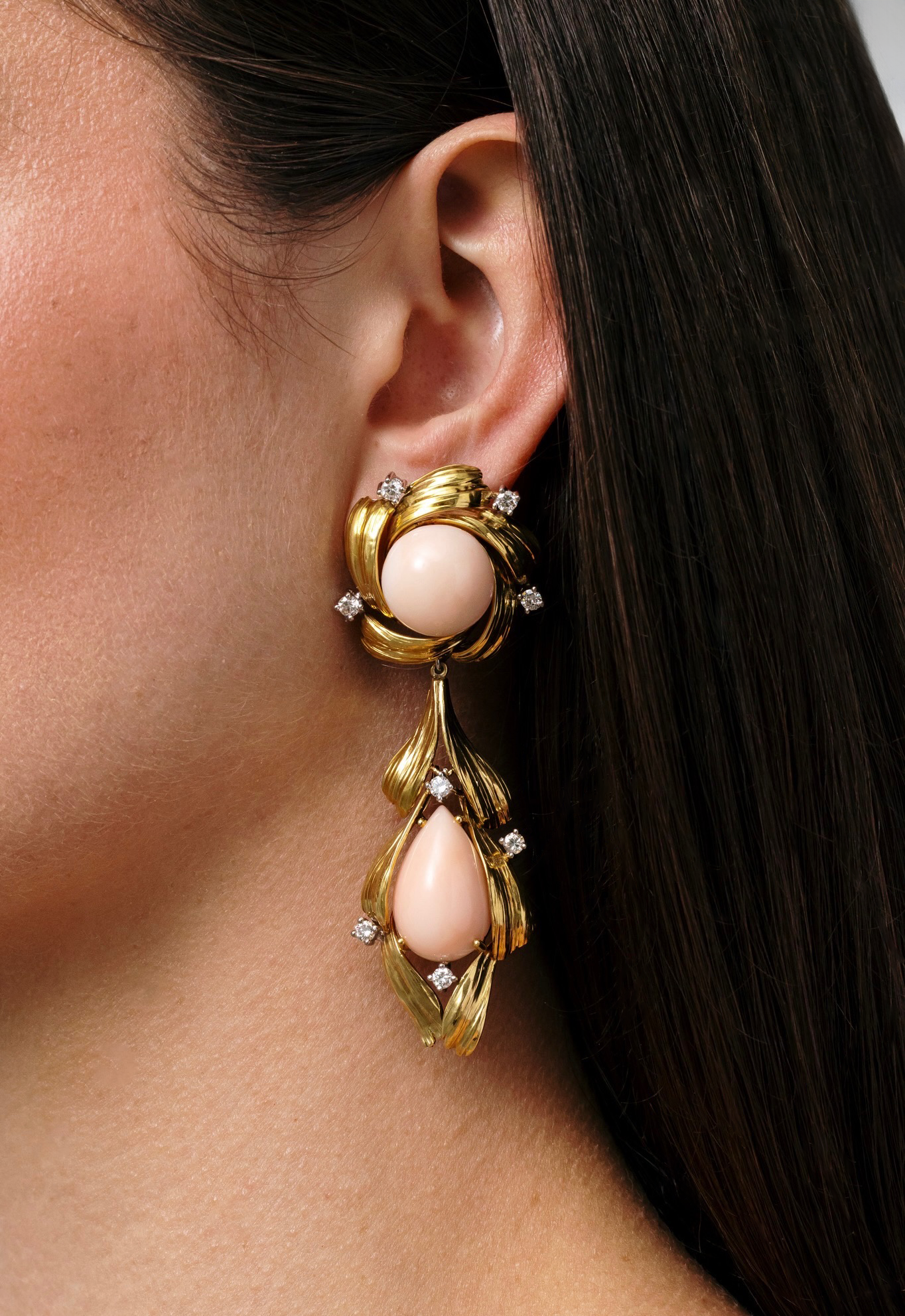 Angel Skin Coral & Diamond Transformable Earrings, Circa 1960s-1970s
