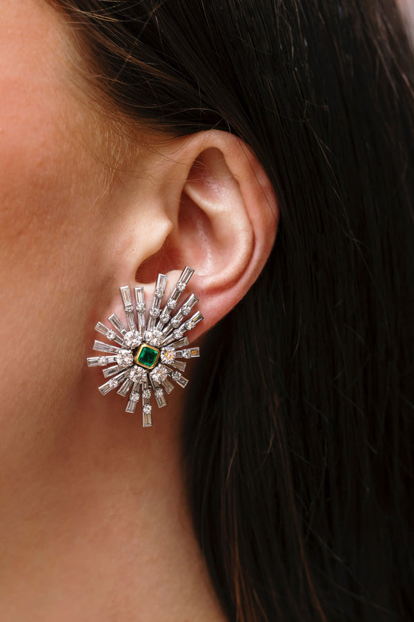 Mid-century emerald & diamond starburst earrings Circa 1950s