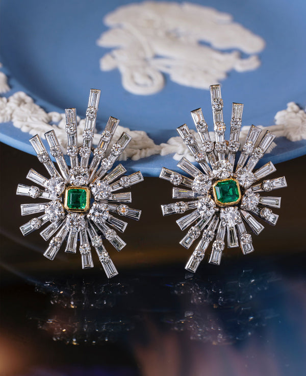 Mid-century emerald & diamond starburst earrings Circa 1950s