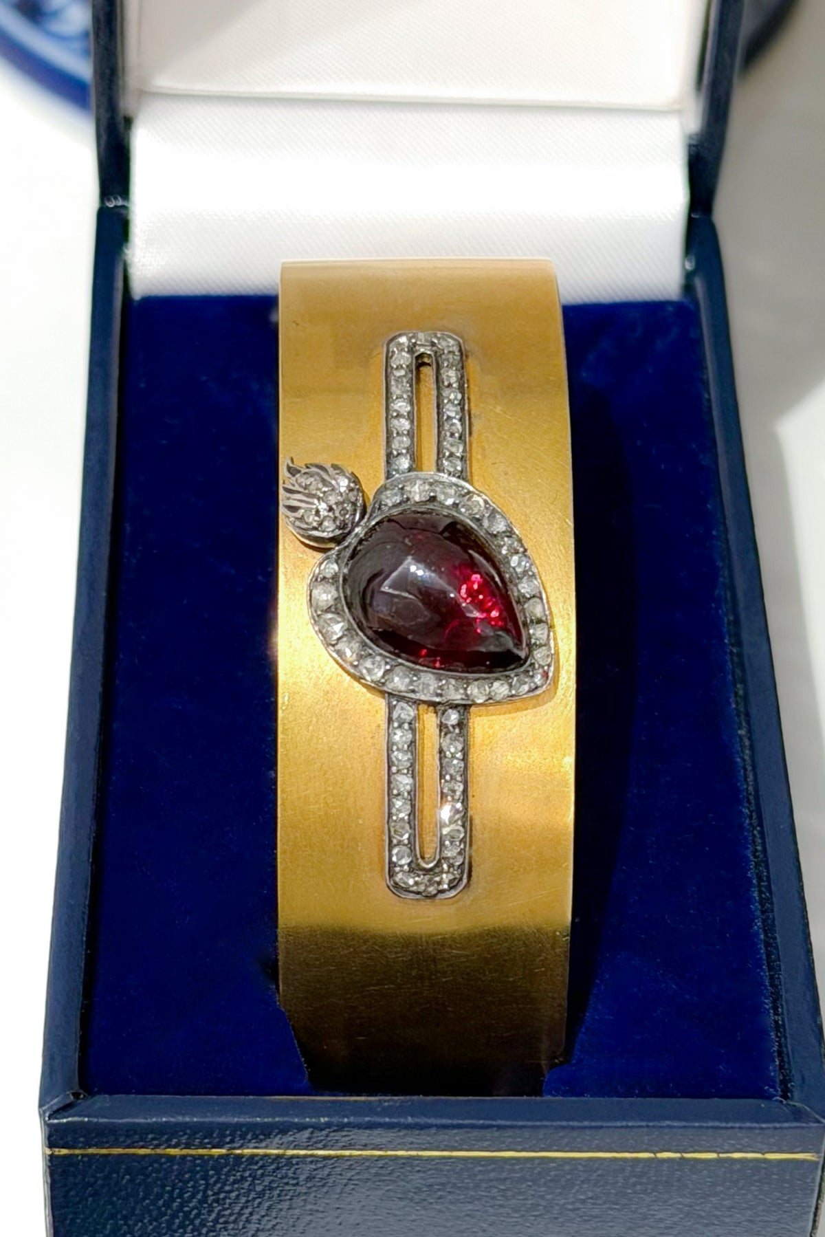 ANTIQUE Victorian Flaming Heart Garnet Cabochon & Diamond Bangle, circa 1880s