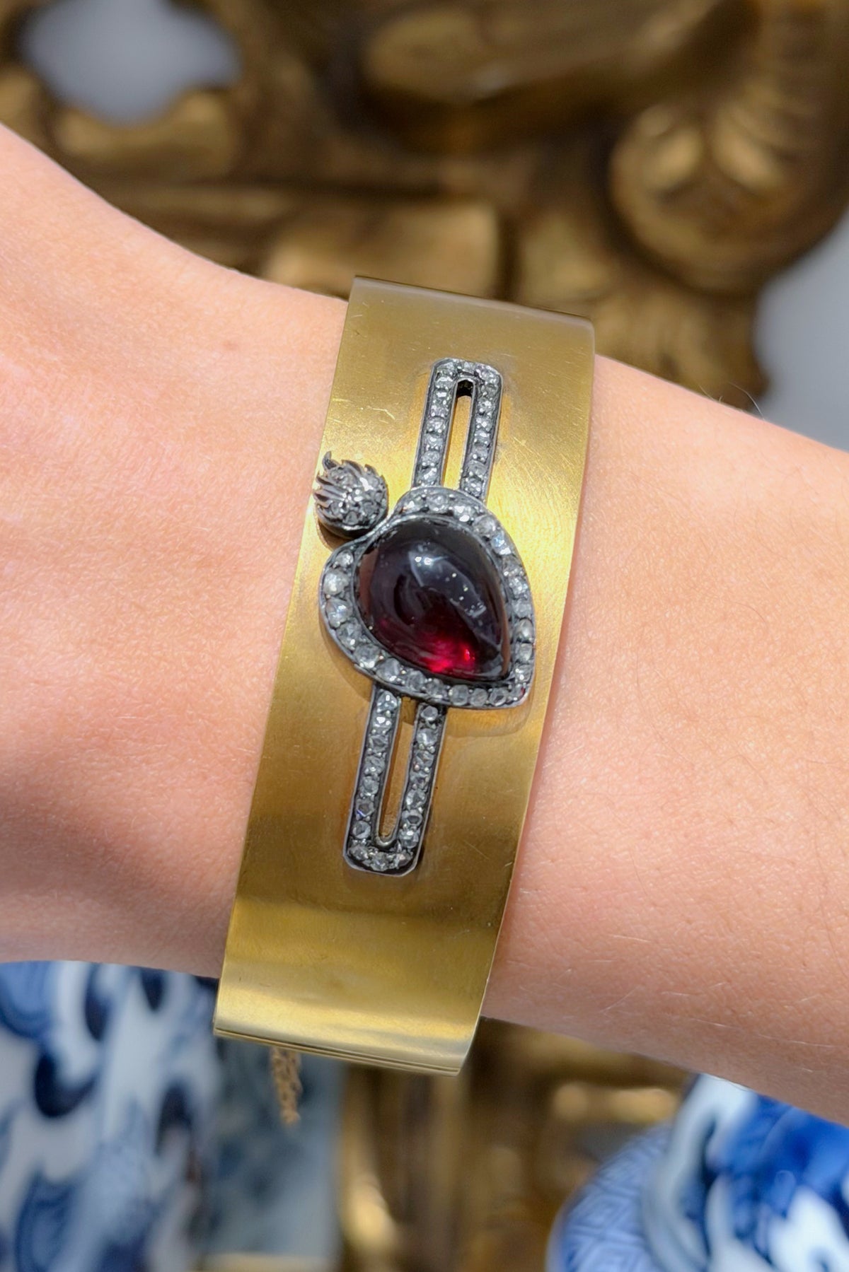ANTIQUE Victorian Flaming Heart Garnet Cabochon & Diamond Bangle, circa 1880s
