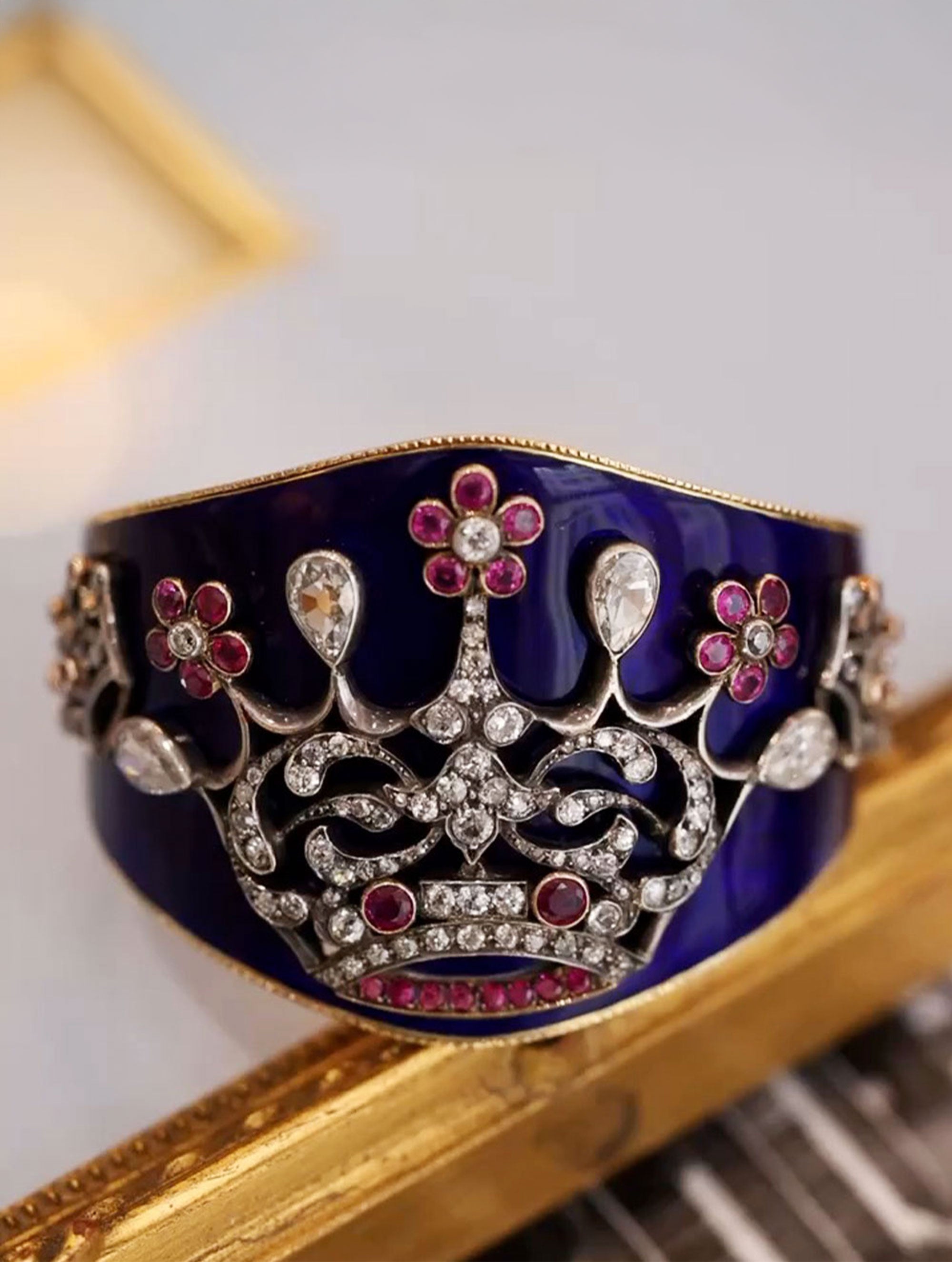 pink sapphire & diamond Blue enamel cuff
