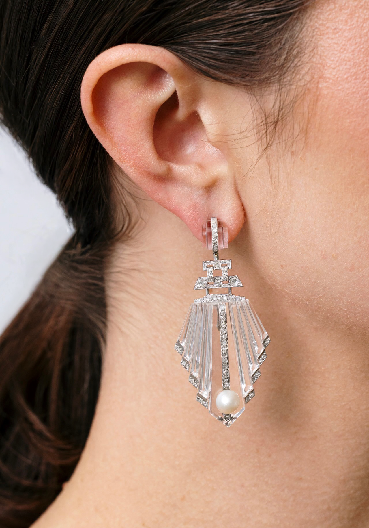 Art Deco Rock Crystal & Diamond Drop Earrings, Circa 1920s