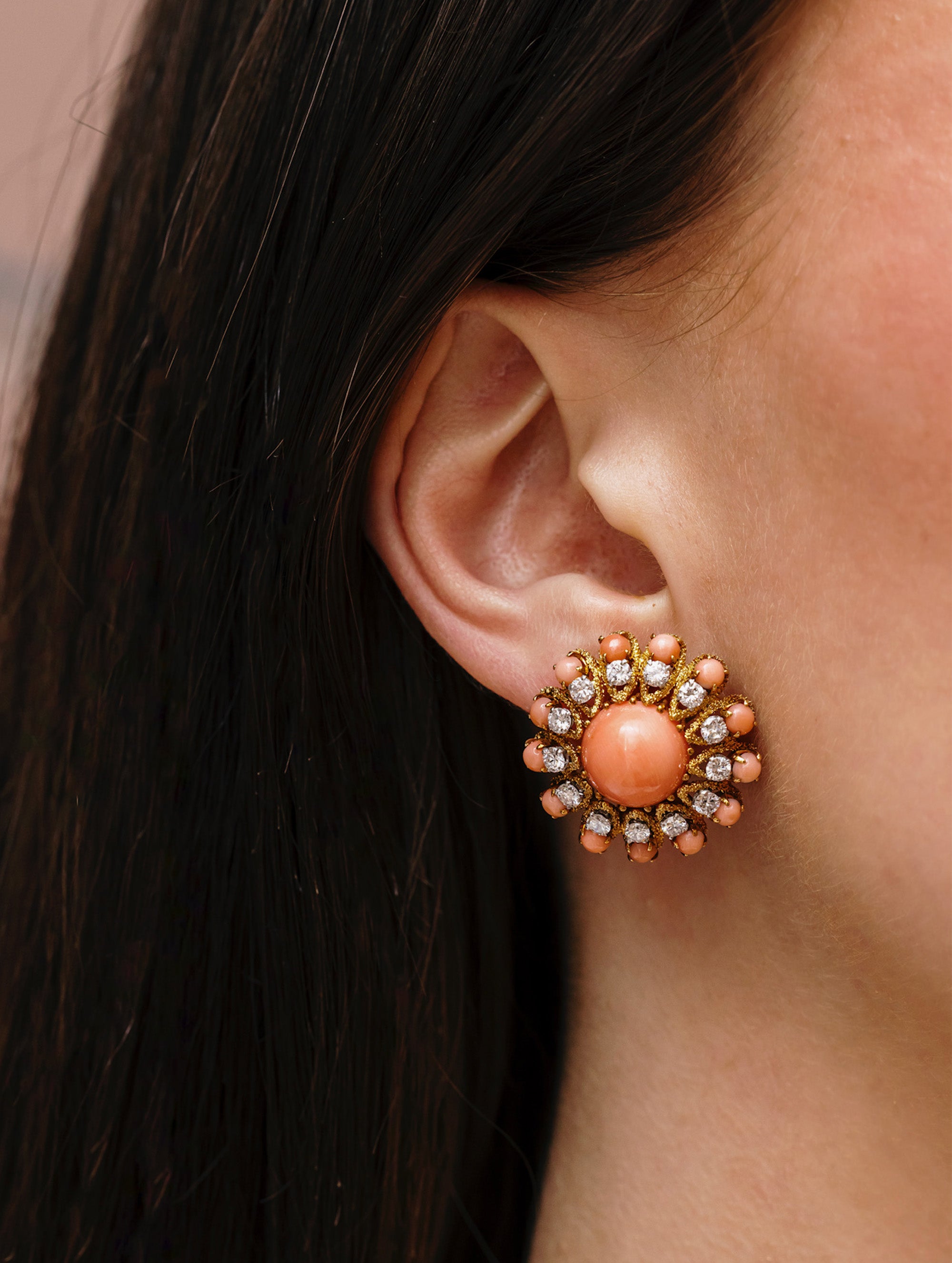 Vintage Van Cleef & Arpels Coral Floral Motif Ear Clips