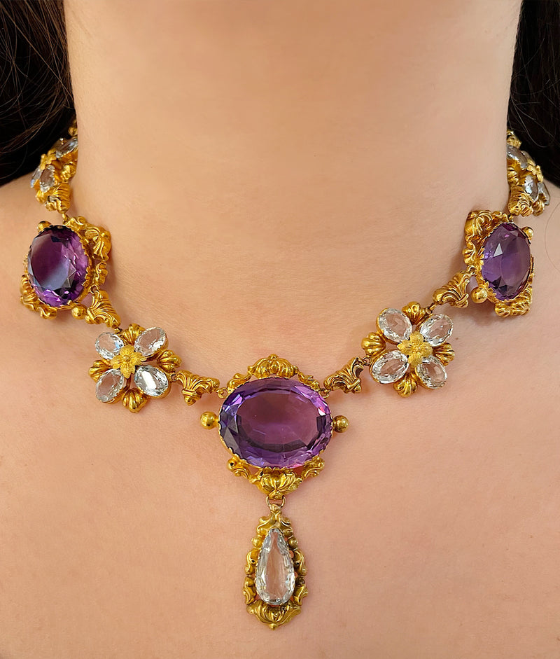 Antique Amethyst & Aquamarine Necklace and Earring Set